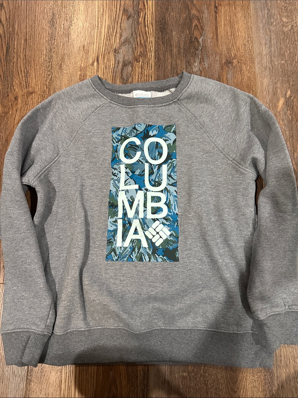 Columbia Gray Crewneck Sweatshirt with Blue Camouflage Logo Panel